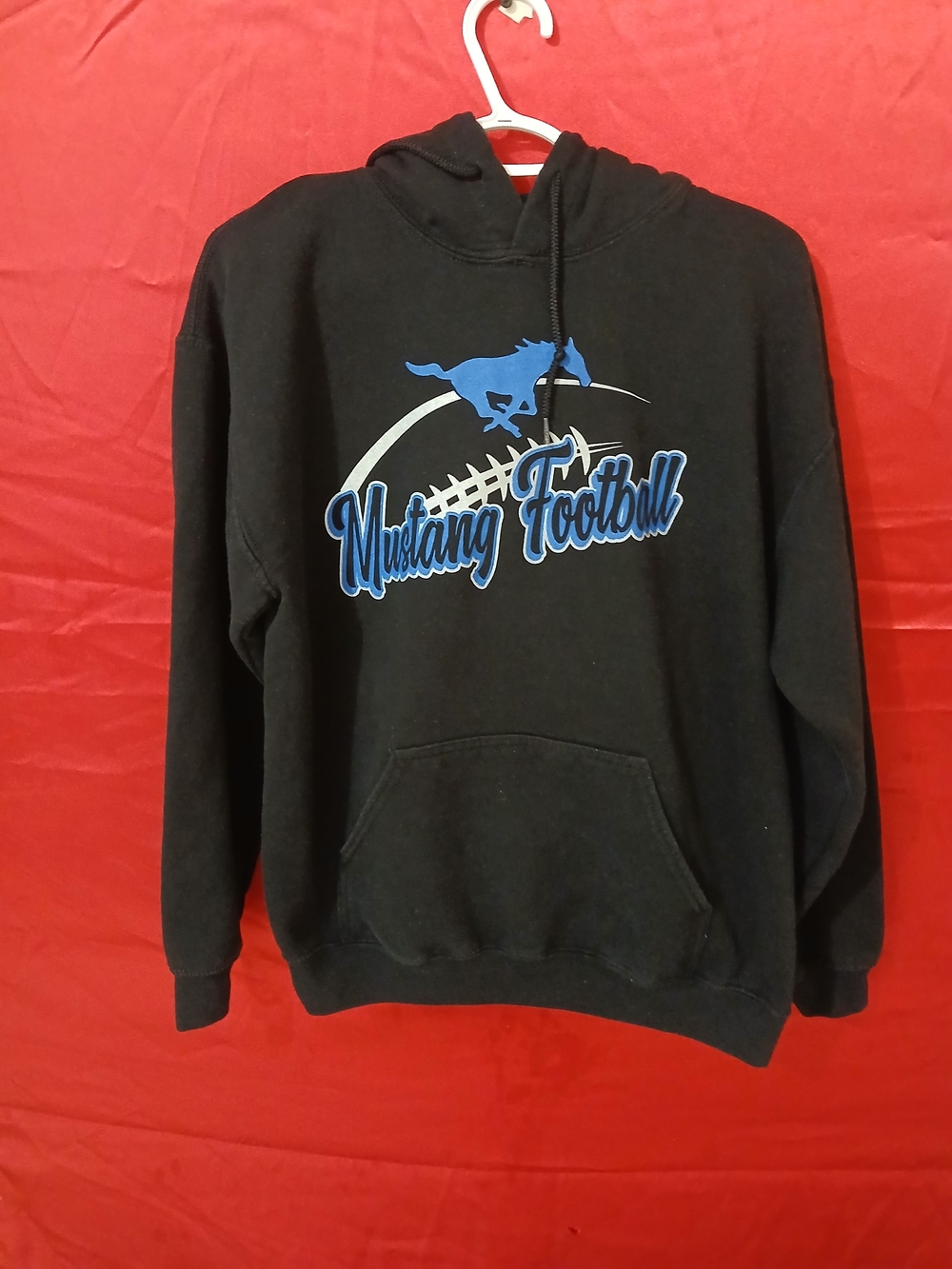 Gildan Black Hoodie with Blue & White Mustang Football Graphic